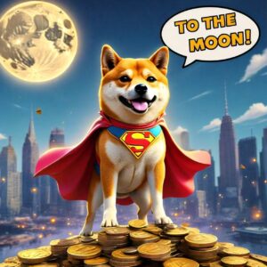 A photo of a meme dog wearing an S symbol with a write up "to the moon"