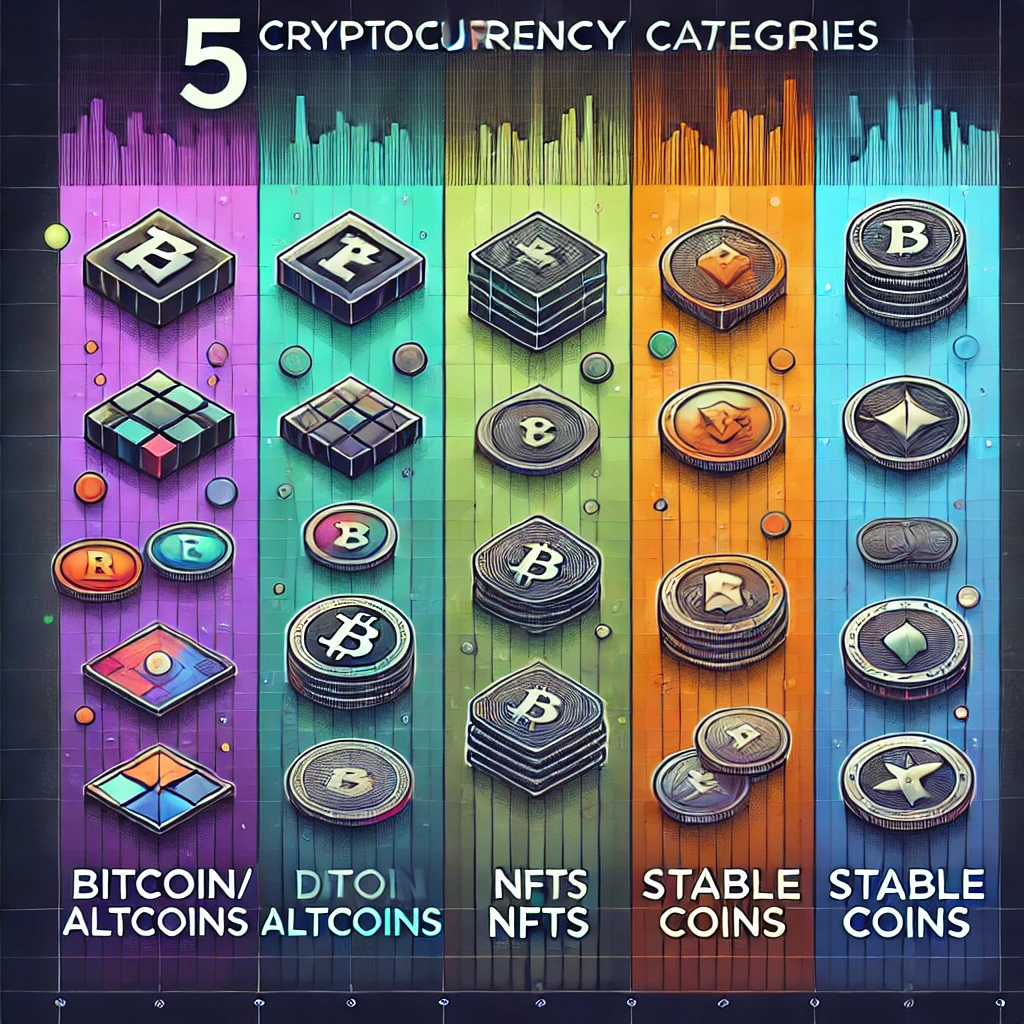 A-digital-illustration-showcasing-5-distinct-cryptocurrency-categories-represented-as-different-colored-coins-or-tokens-arranged-in-a-grid-or-mosaic