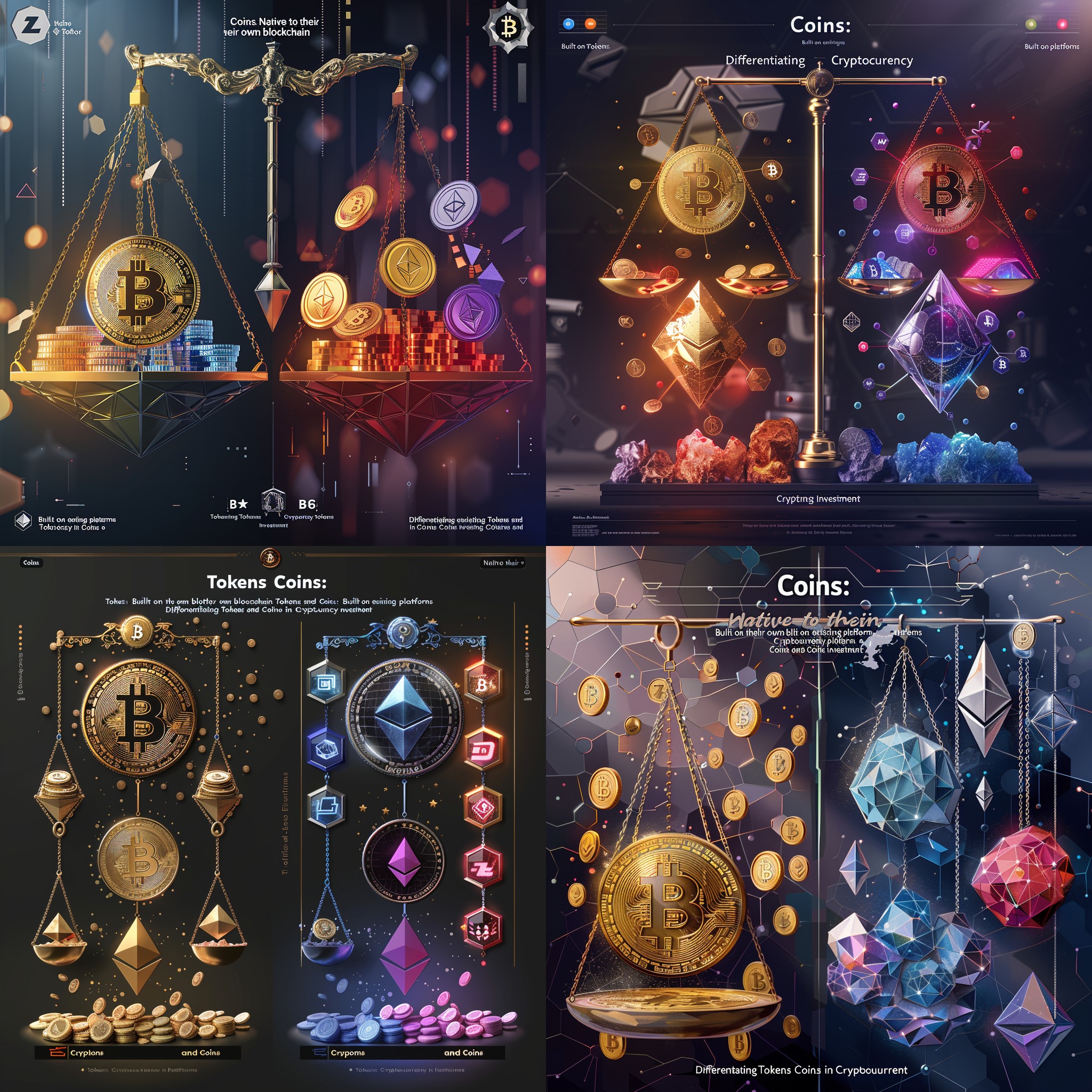 a split-screen digital illustration comparing cryptocurrency coins and tokens. On the left side, depict a large, shiny gold coin with a Bitcoin symbol, representing cryptocurrency coins. On the right side, show a collection of colorful, diverse tokens with various symbols and shapes, representing the variety of cryptocurrency tokens